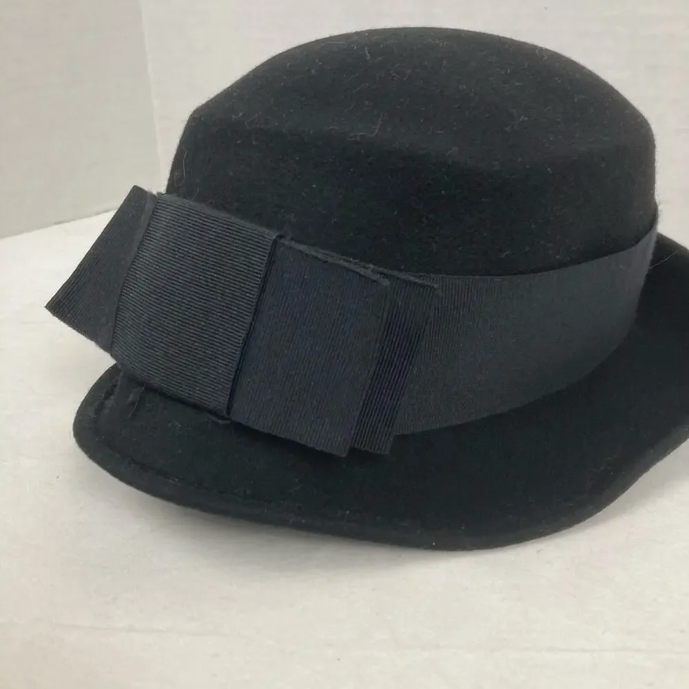 Cloche Felt Wool Hat Women OS Black Bucket Ribbon Bow 1920s Style Bell Romantic